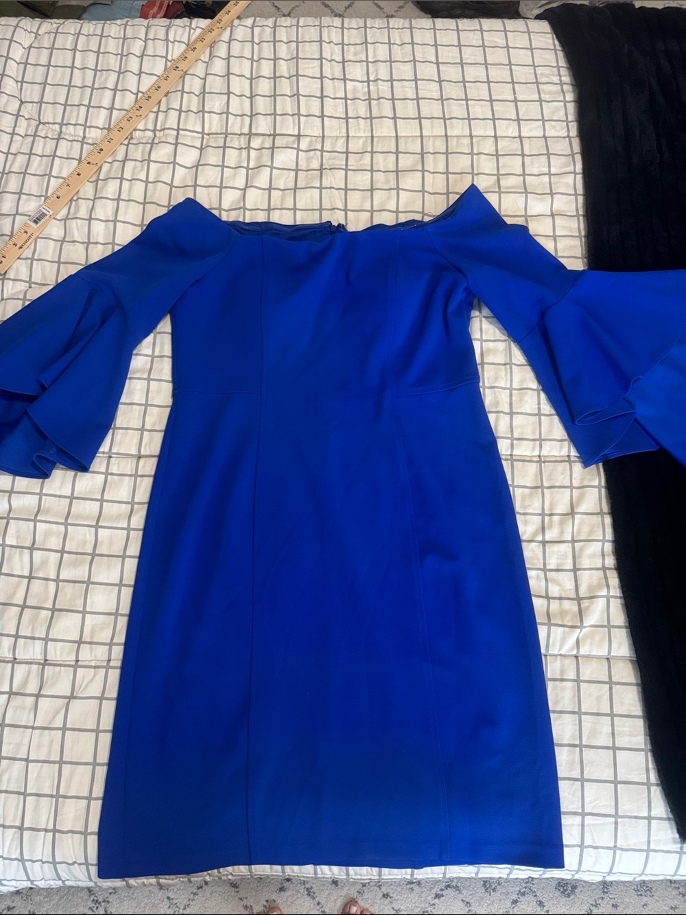 R & M Richards Cobalt Blue Off-the-Shoulder Bell Sleeve Dress